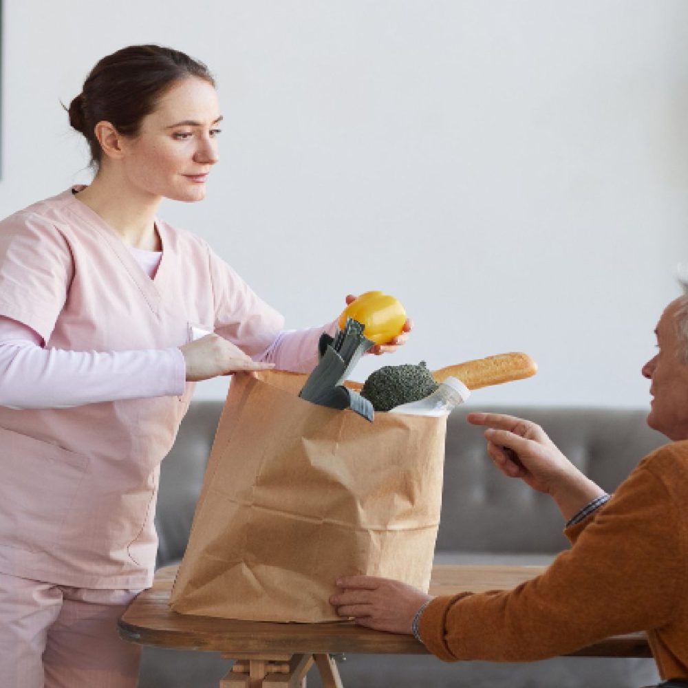 Caregiver delivering groceries to elderly.